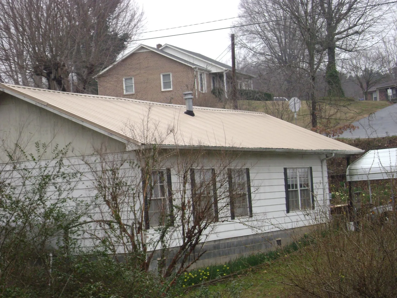 Tan metal roof on a white sided house set into a hillside — Commercial Roofing by Roofing Brothers in Everglades City